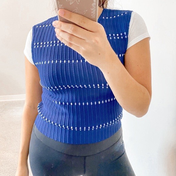 Sandro Nea Sweater Vest Sleeveless Navy Blue White Medium Preppy Knit Crop NWT - Picture 1 of 11